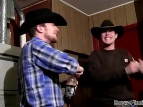 Cowboy pisses in his own mouth and jerks off with his friend
